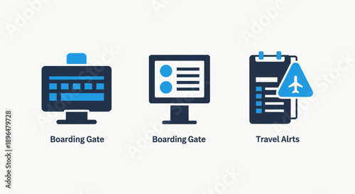 Airport information icons: boarding gate display, flight information board, and travel alerts