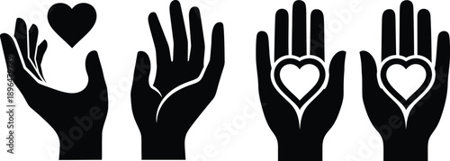 Four hands with hearts symbolizing love and kindness