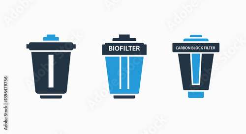 Water filtration system icons: trash can, biofilter, and carbon block filter for purification