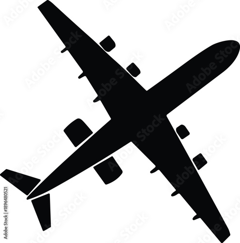 Black airplane silhouette icon viewed from above, commercial passenger jet aircraft symbol, aviation travel and transportation concept isolated on white background