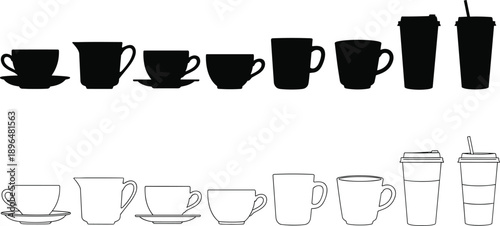 Coffee cup and mug silhouettes set in solid and outline styles, hot drink containers collection including takeaway cups isolated on white background