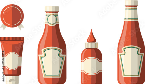 Ketchup sauce bottle packaging set with plastic squeeze bottle glass bottle and tube for food branding mockup vector.