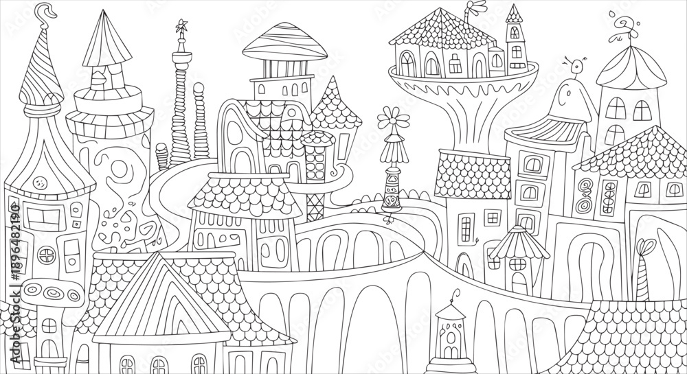 Fototapeta premium Whimsical Fantasy Cityscape Coloring Page with Unique Architectural Dwellings