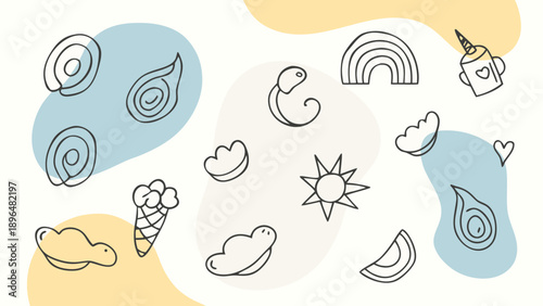 Cute Hand-Drawn Doodle Elements on a Pastel Abstract Background