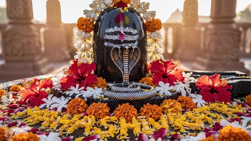 Sacred Shiva Lingam Adorned with Vibrant Flowers and Cobra Sculpture Bathed in Golden Sunrise Light During Religious Ceremony