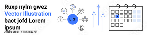 Business management, workflow organization, resource planning, data analytics, enterprise solutions, task scheduling. ERP icon with connected symbols and calendar. Resource planning and workflow