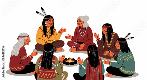 Indigenous culture shown with women in traditional attire, sitting in a circle around a small campfire, sharing stories. This scene of Indigenous culture highlights community, ancestral wisdom,