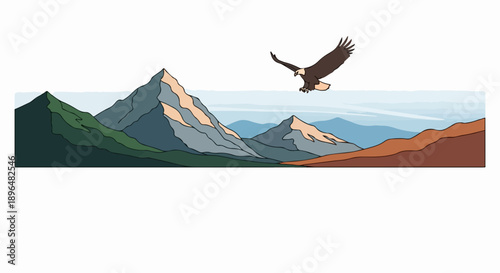 Mountain landscape featuring eagle soaring above rugged peaks. Distant mountain ranges showcase varied earthy tones, green slopes and rocky summits under clear sky.