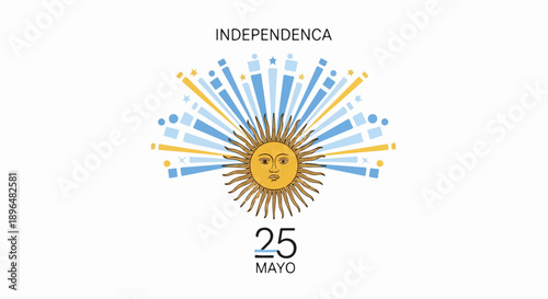Symbolic May 25th graphic illustration with a stylized sun emblem and light blue white rays. This May 25th design features "Independenca" text, representing national pride.