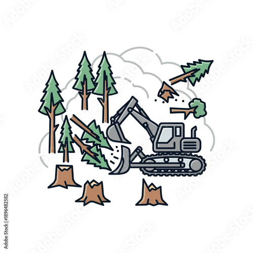 An excavator actively cuts down trees in a forest with stumps around.