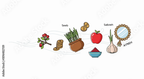 Nowruz symbols set illustrates spring flowers, daffodil, hyacinth, crocus. Traditional Nowruz symbols include sabzeh, mirror, apple, coin, garlic, symbolizing new beginning.