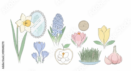 Haft Seen display with sabzeh, apple, coins, mirror for Persian New Year. This cultural Haft Seen display represents ancient traditions, symbolizing renewal, prosperity.