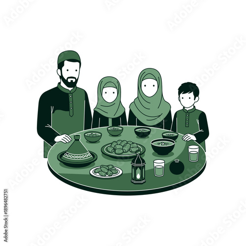 A Muslim family gathers around a table for iftar during Ramadan with traditional food and drinks.