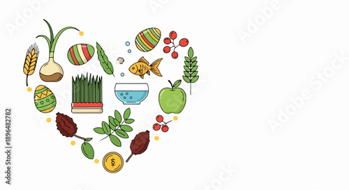 Haft Seen items arranged in heart shape, symbolizing Persian New Year traditions and spring renewal. Haft Seen items feature sabzeh, goldfish, apple, and colored eggs.
