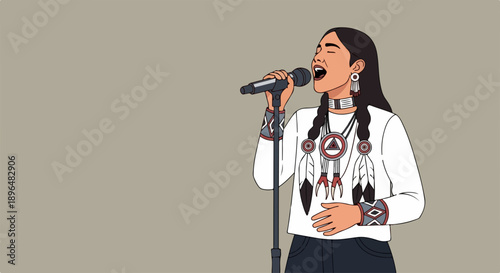 Indigenous music performance with female vocalist singing into microphone, adorned with cultural jewelry. Dynamic indigenous music performance showcases deep emotion and traditional braids.