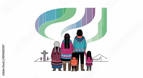 Indigenous family stands together watching vibrant Northern Lights. Indigenous family portrait showcases traditional attire, rich culture, strong community bonds.