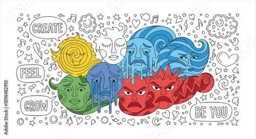 Vibrant Emotional Mental Health Doodle with Abstract Faces and Motivational Quotes