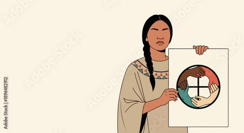 Indigenous unity symbol held by woman with dark hair in traditional attire. Indigenous unity symbol displayed prominently,