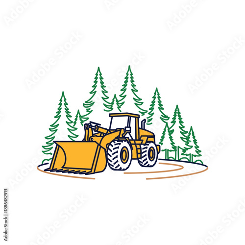 Yellow tractor parked in a forest clearing surrounded by tall trees, illustration view