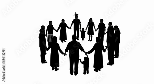 Silhouettes of people forming diverse community, holding hands in circle on white background. Group includes adults, children, and indigenous person, symbolizing global connection and teamwork.