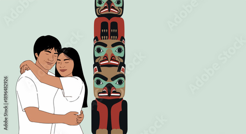 Indigenous couple embraces with gentle affection, standing beside tall traditional totem pole. Happy Indigenous couple celebrates rich cultural heritage,