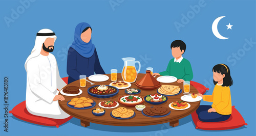 Title: Muslim family sitting on floor eating iftar dinner together with traditional food during holy month of ramadan kareem.