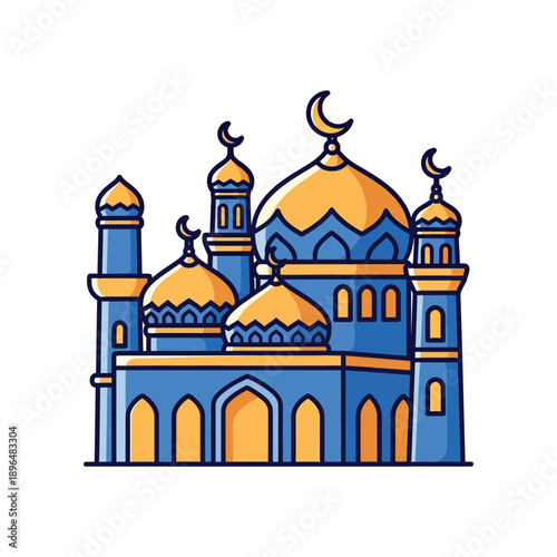 An illustration of a blue and gold mosque with domes and minarets stands tall.