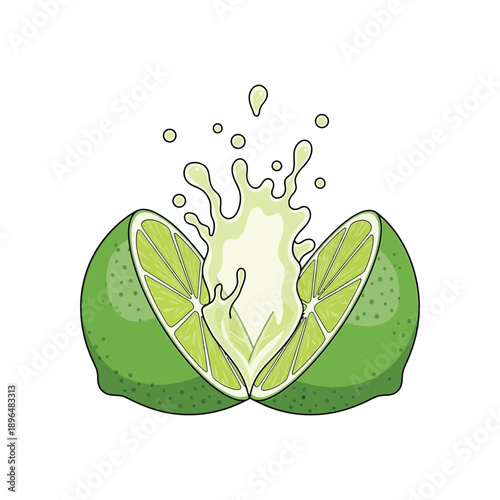 Juicy lime splits apart with liquid splashing out.