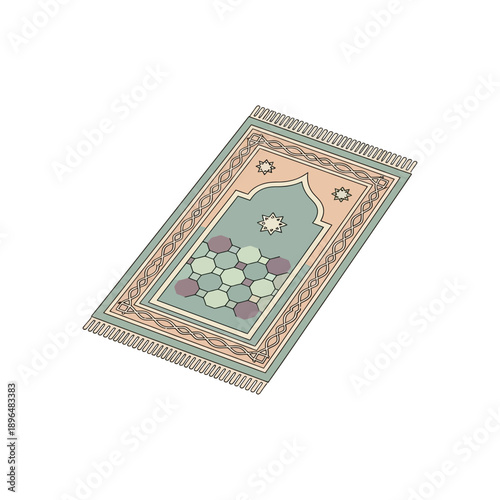 An illustration of a prayer rug with floral patterns and tassels on a white background