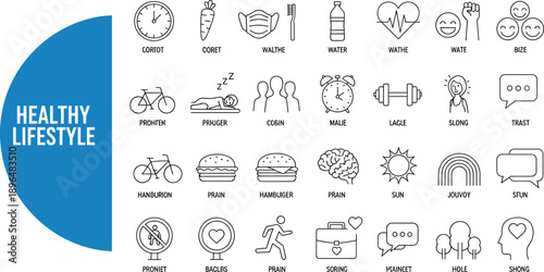 Title: Set of healthy lifestyle line icons including food sport sleep and water symbols isolated on white background vector.