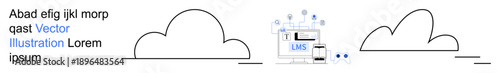 Cloud storage, education technology, online platforms, data sharing, e-learning systems, digital workspace. ion of a learning management system surrounded by network icons. Cloud storage