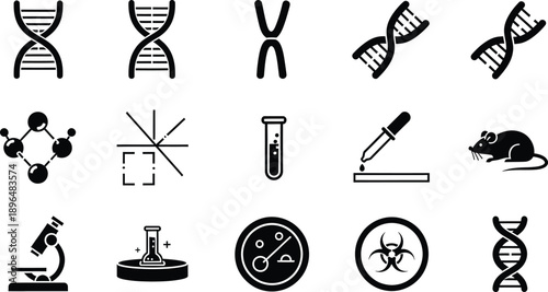 A collection of science and biology research icons including dna, laboratory equipment, and test subjects