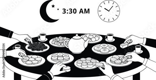 Title: Hands of muslim family eating suhoor meal at night table before fasting time with moon and clock vector.