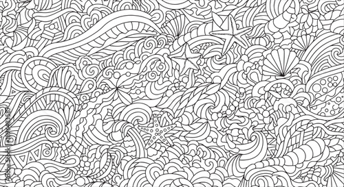 Intricate Nautical Doodle Coloring Page with Sea Shells and Starfish Patterns