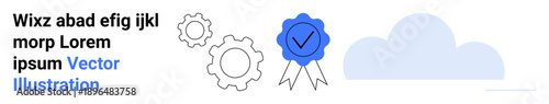 Quality assurance, professional certification, business development, data management, cloud-based technology, accuracy verification. Certification badge and gears beside a cloud. Quality assurance