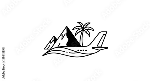 Simple black and white airplane illustration with mountains and palm tree.
