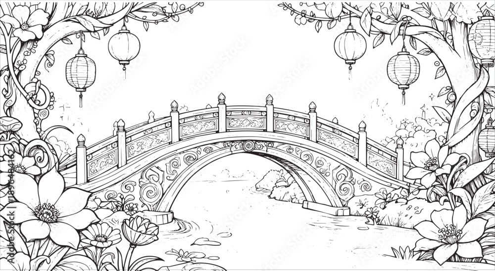 Fototapeta premium Detailed Japanese Garden Scene with Traditional Arch Bridge and Lanterns Coloring Page