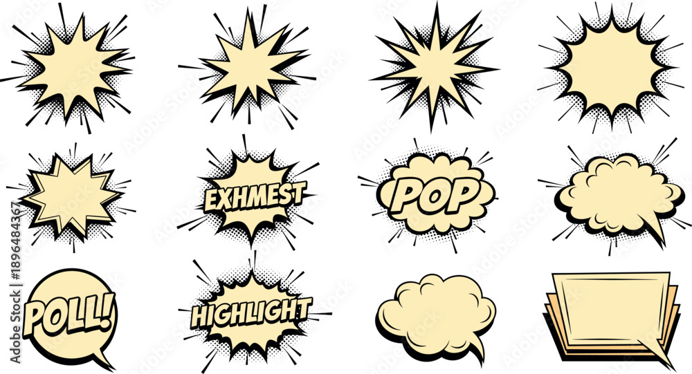 Naklejka premium Retro comic book action starburst set with pop and highlight text bubbles for pop art graphic novel design vector.