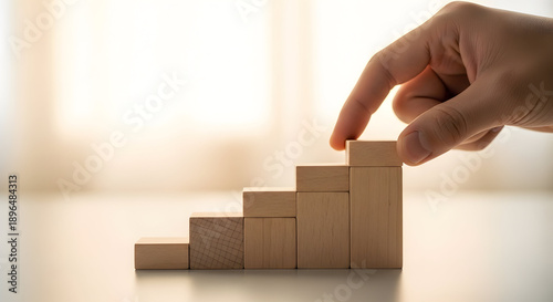 Wallpaper Mural Hand organizing wooden blocks into staircase formation, progress and consistency concept, clean minimal environment, soft blurred light background, Torontodigital.ca