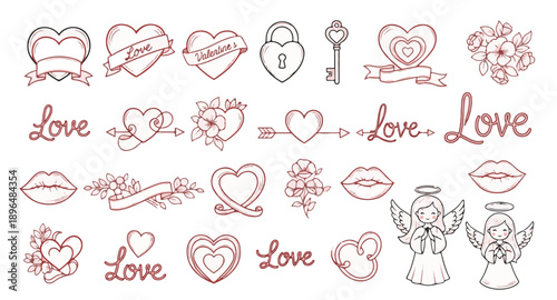 Cute Valentine's Day doodle set with hearts, angel, lock and key, romantic lips and love ribbons in rose gold sketch style