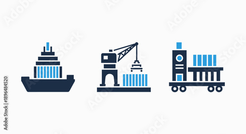 Logistics and Shipping Icons: Cargo Ship, Crane, and Train Wagon