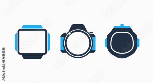 Wearable Tech and Camera Icons: Smartwatch, Camera Lens, and Digital Watch
