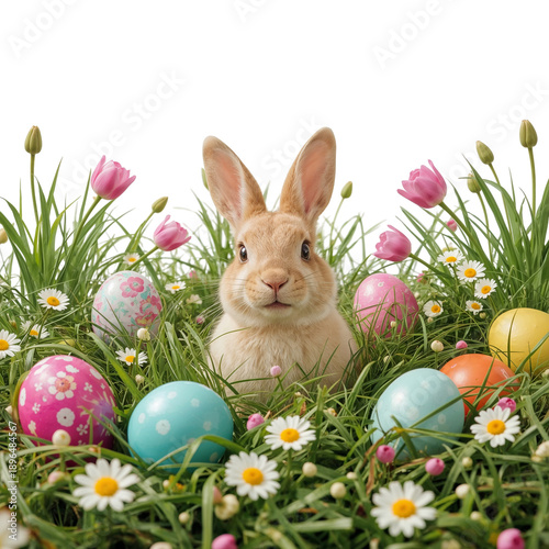 Cute Rabbit With Easter Eggs and Flowers in Green Grass During Spring