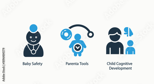 Child safety, parenting tools, and cognitive development icons, representing concepts like childcare, education, and growth. Minimalist flat design in blue and dark blue.