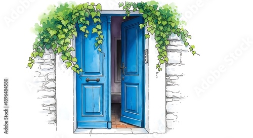 Charming Blue Doorway with Lush Greenery in a Mediterranean Setting.