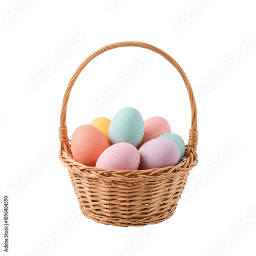 Colorful Eggs in a Wicker Basket on a Plain Background Ready for Spring Celeb...