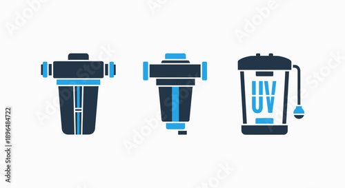 Water Purification System Icons: Inline Filters and UV Sterilizer for Clean Water
