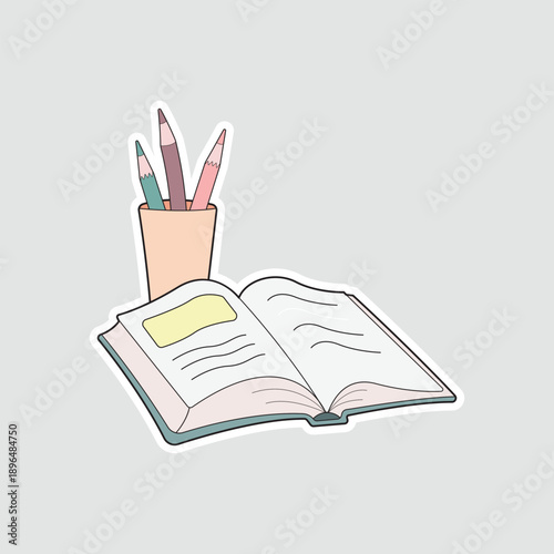 Pencils and open book sticker. A creative study vector for art schools and education portals, ideal for website icons, classroom posters, or creative project headers
