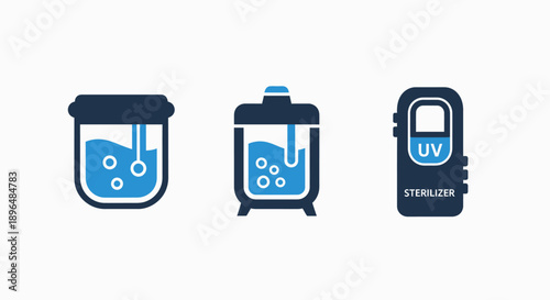 Set of laboratory equipment icons: beaker with liquid, sterilization tank, and UV sterilizer for science and research concepts