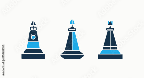 Three simple icons representing different types of navigation buoys in blue and dark navy, symbolizing maritime guidance and safety at sea.